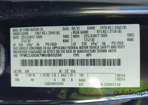 2021 Ford Escape Se z USA, uszkodzony, nr VIN 1FMCU0G67MUB03258